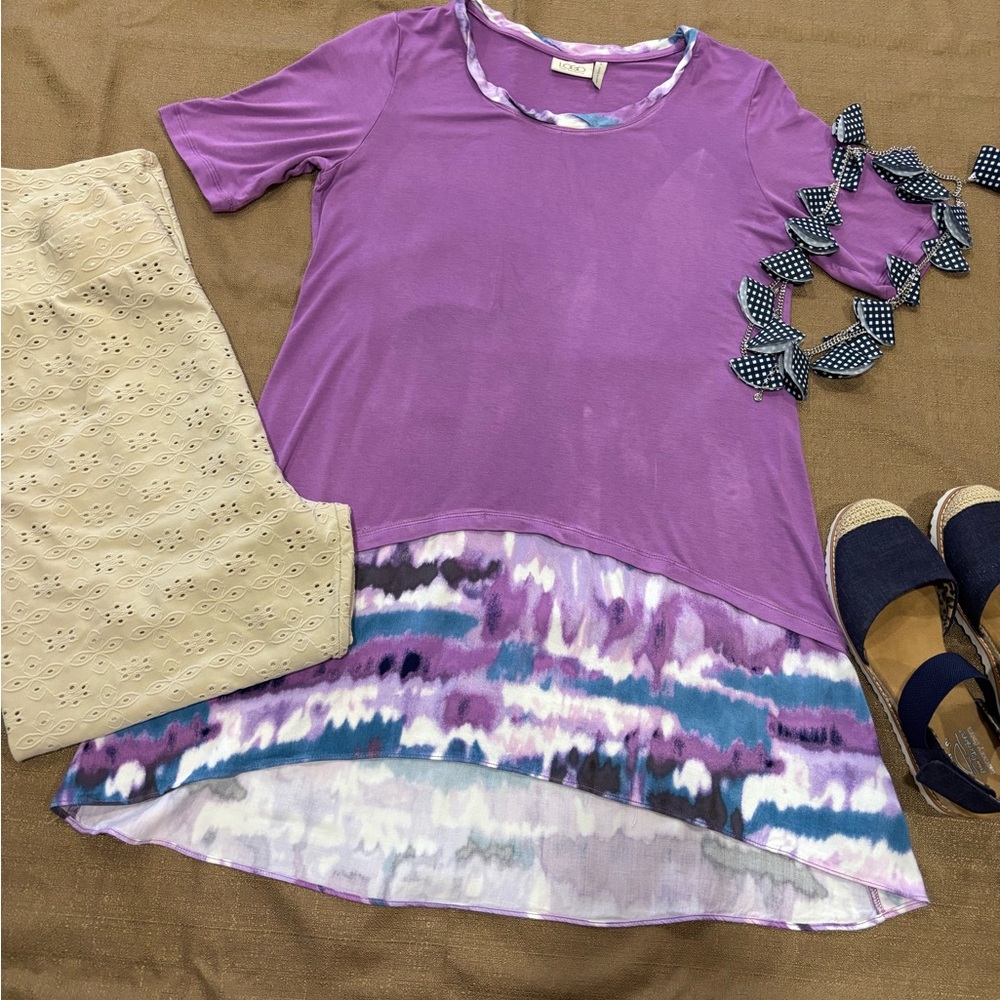 LOGO by Lori Goldstein Purple High-Low Tunic with Multi-Color Hem